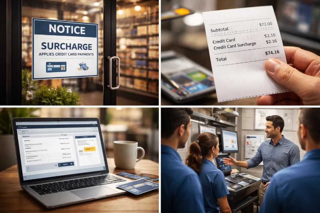 Surcharge implementation steps: signage, receipt, online, and training