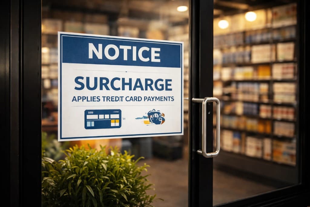 Surcharge notice sign at store entrance