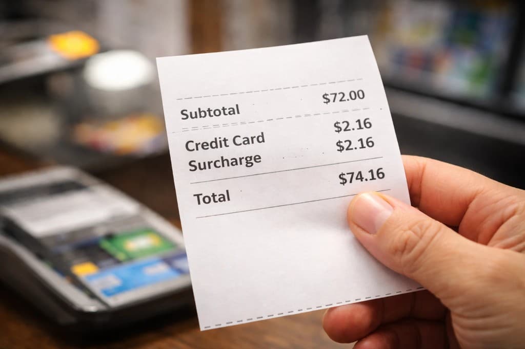 Credit card surcharge receipt example showing clear line item