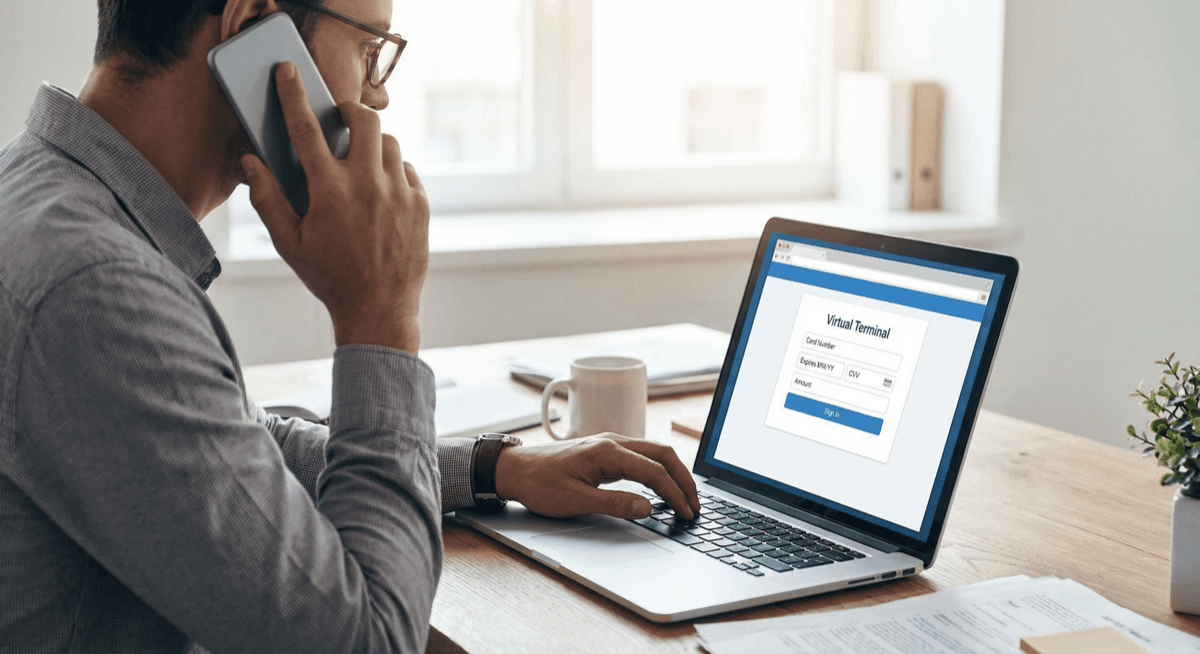 Business owner processing a phone order on a laptop showing a virtual terminal payment screen