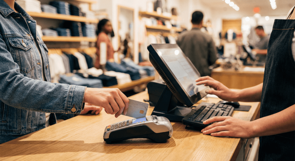 Customer inserting chip card into a payment terminal at a retail store