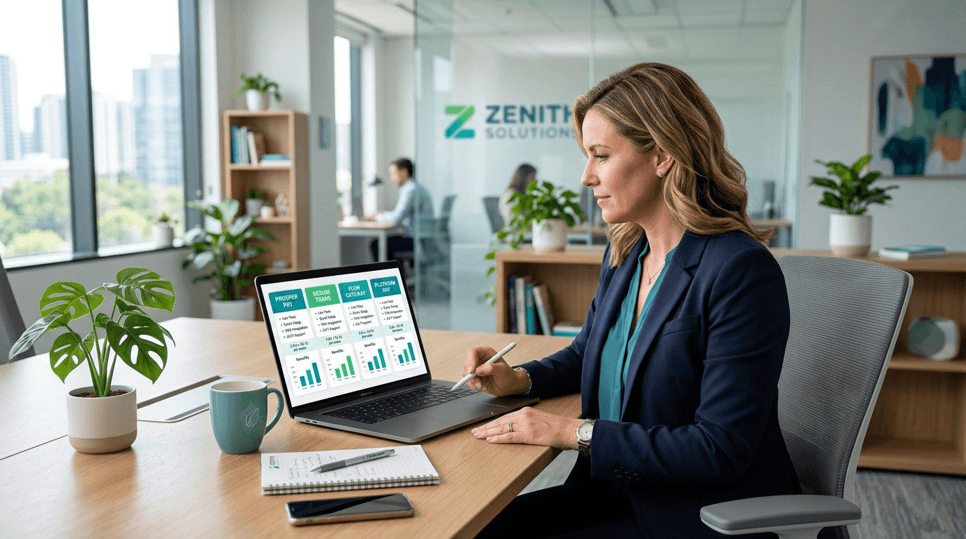 Business owner reviewing processing program options on a laptop