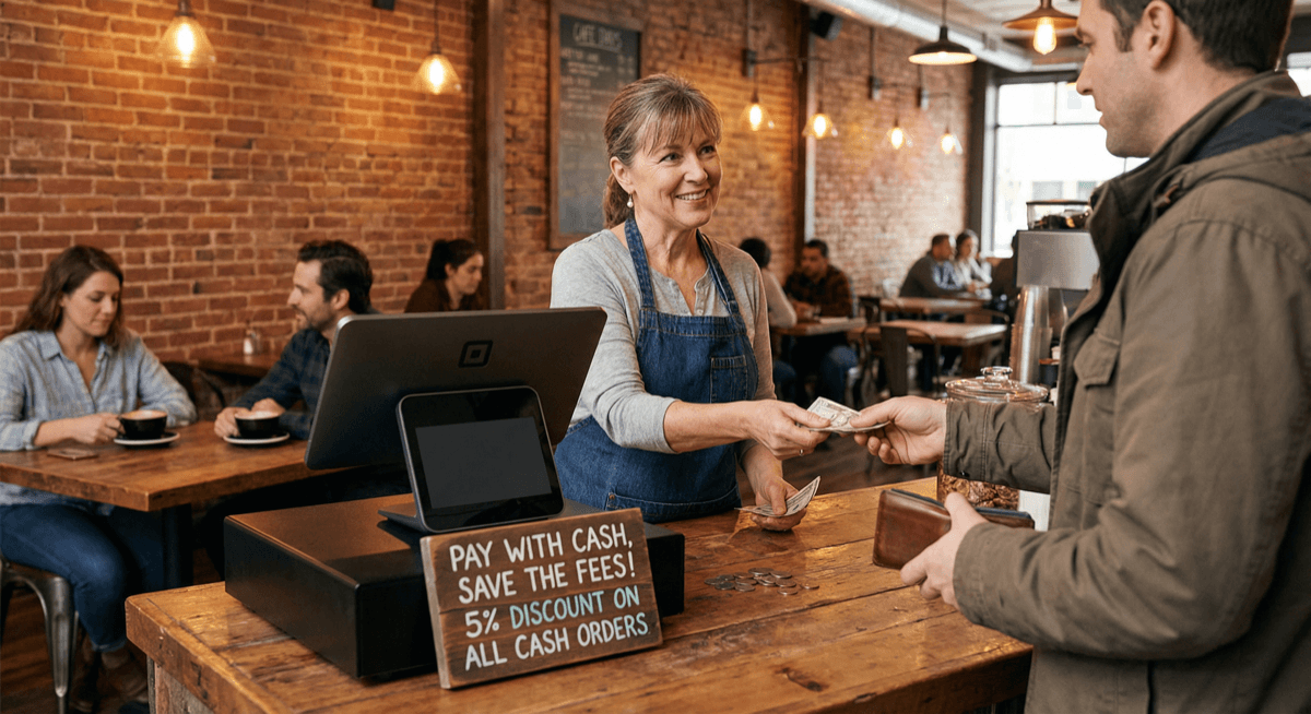 Cafe owner giving cash discount to customer at counter with Clover POS terminal
